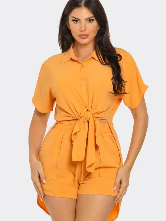 Front Tie Back Oversized Slit Top and Shorts Set